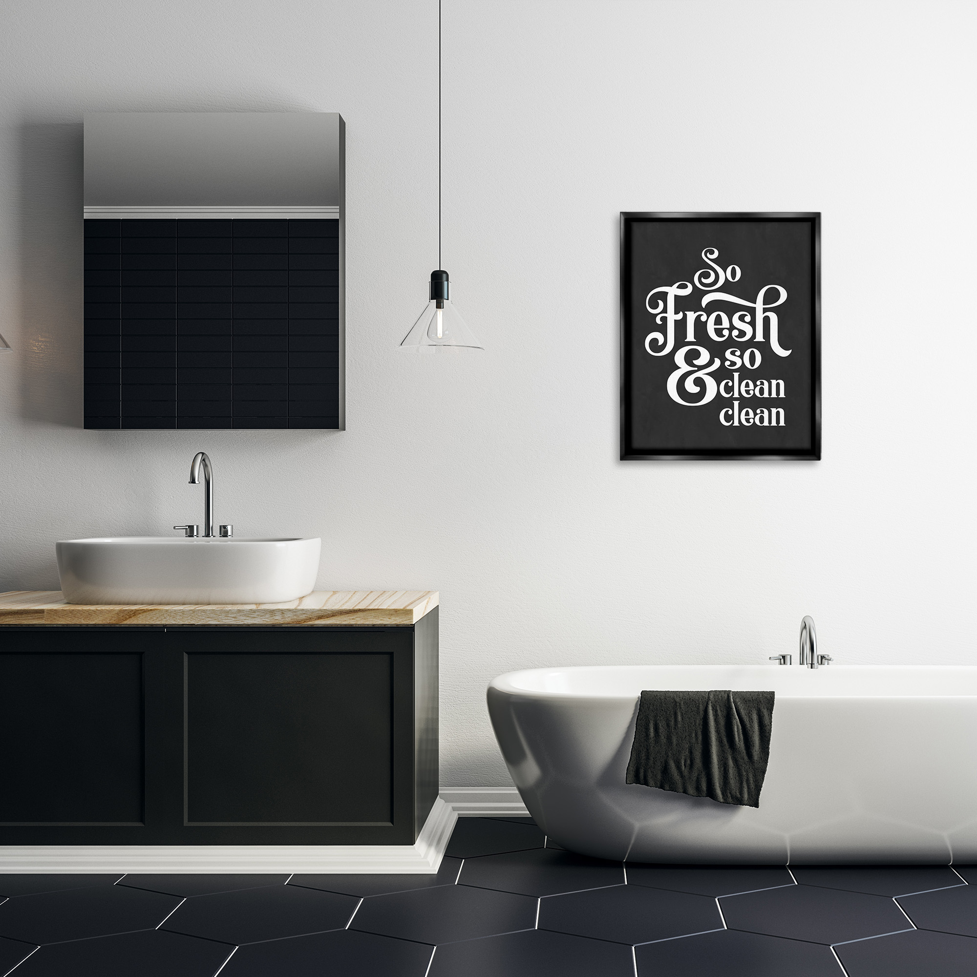 Stupell Industries So Fresh So Clean Laundry Phrase Vintage Typography Jet Black Framed Floating Canvas Wall Art, 24x30, by Lettered and Lined