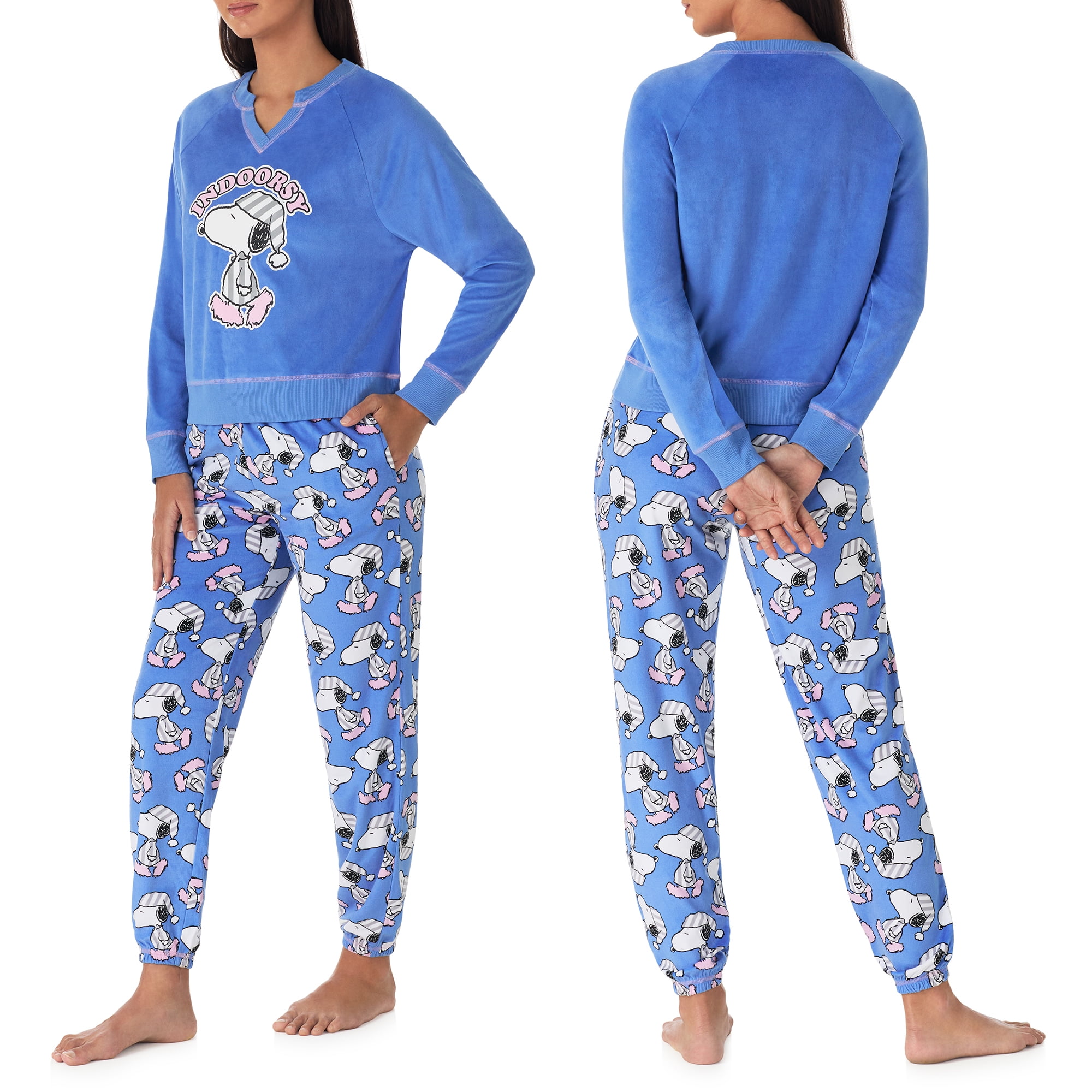 Richard Leeds International Womens Snoopy Peanuts Matching 2 Piece Long Sleeve Pajama Top & PJs Jogger Pants Set with Pockets - Soft & Cozy Sleep & Loungewear Pajamas Sets for Women, Blue, L