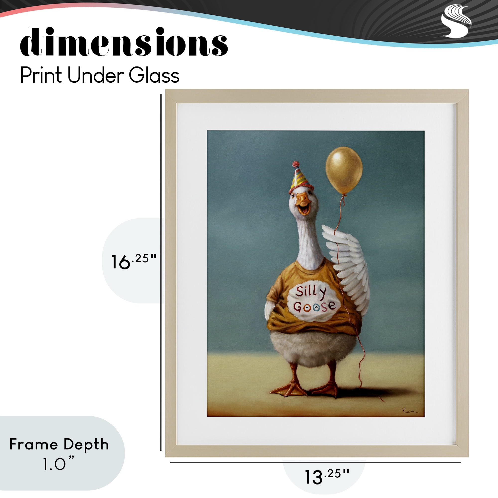 Stupell Industries Silly Goose with Balloon Birch Framed Print Under Glass, design by Lucia Heffernan