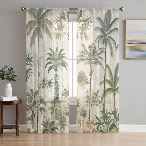 Sheer Curtains 63 Inches Long, Palm Tree Light Filtering Window Curtains for Living Room, Sage Green Tropical Nature Plant Watercolor Rod Pocket Voile Sheer Curtain Drapes, 52"W x 63"L, 2 Panels