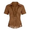 thumbnail image 5 of ClodeEU Women's Collared V Neck Short Sleeve Fringe Hem Button Down Blouse,Slim Fitted Casual Shirt Top Coffee,Women's Plus L, 5 of 5