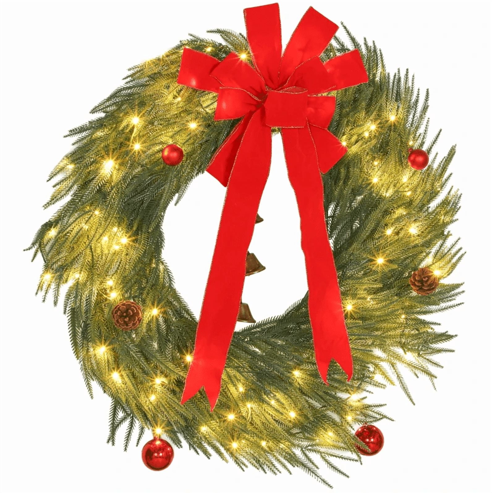 36 Inch Norfolk Pine Christmas Wreath with 100 LED Lights 8 Modes Red Ornaments Pinecones Indoor Outdoor Decor