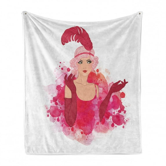 Old Hollywood Soft Flannel Fleece Throw Blanket, Lady Wearing Feather Headband Ink Splatter Design, Cozy Plush for Indoor and Outdoor Use, 60" x 80", Hot Pink Magenta, by Ambesonne