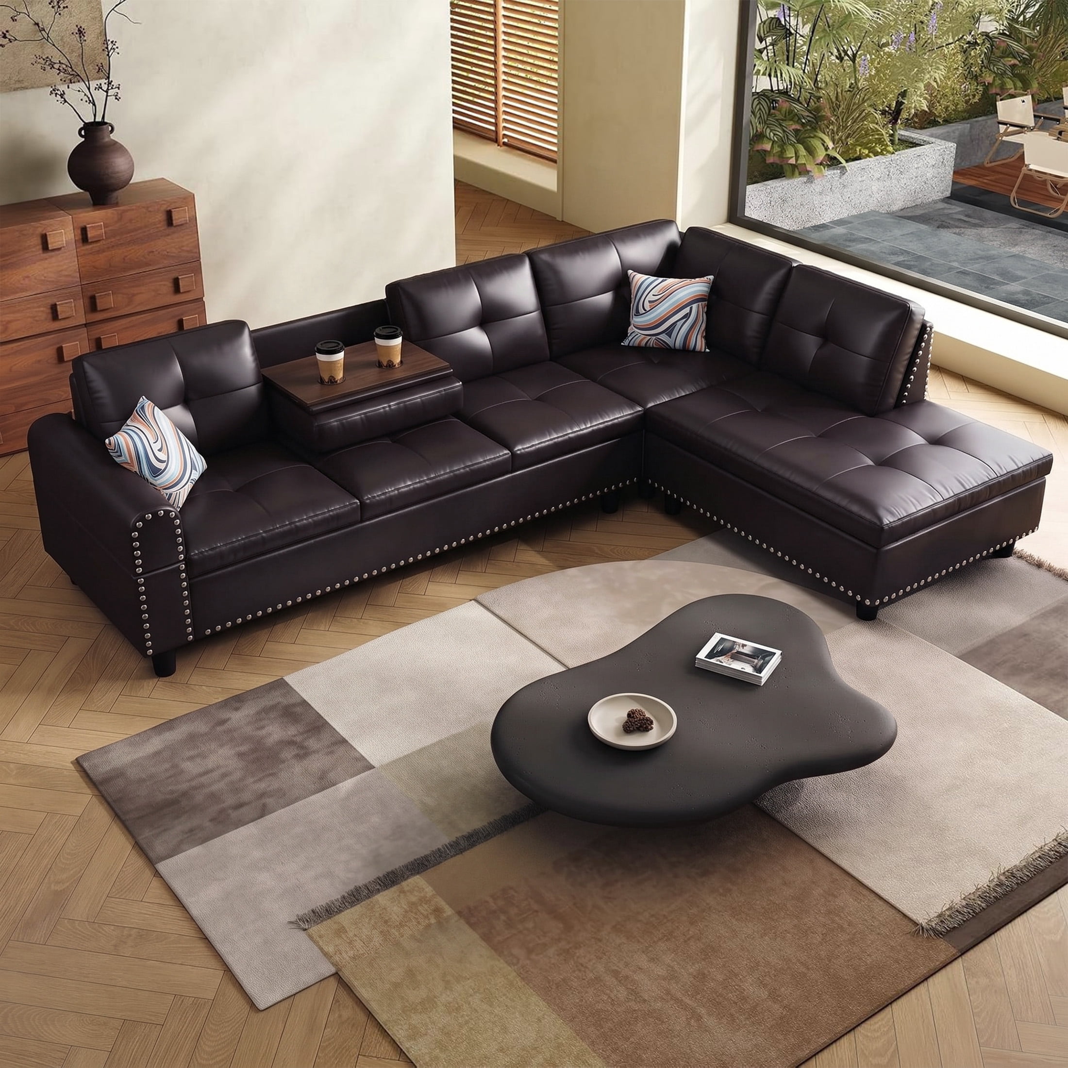 AENKYO 98" L-Shaped Sectional Sofa with Reversible Chaise and Cup Holders, Faux Leather, Brown