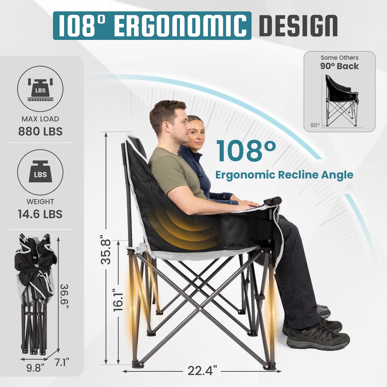 FUNDANGO Oversized Fully Padded 2 Person Loveseat Chair, Folding Double Camping Chair for Adults, Heavy Duty Outdoor Loveseat Chair with Side Table, Portable Double Camping Couch, Black-Grey