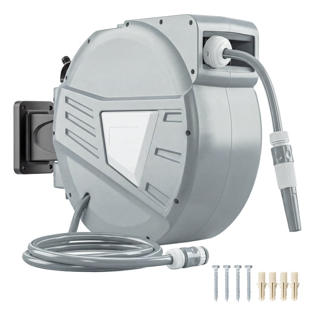 Outsunny 1/2" x 66ft Retractable Garden Hose Reel Wall Mounted, Grey