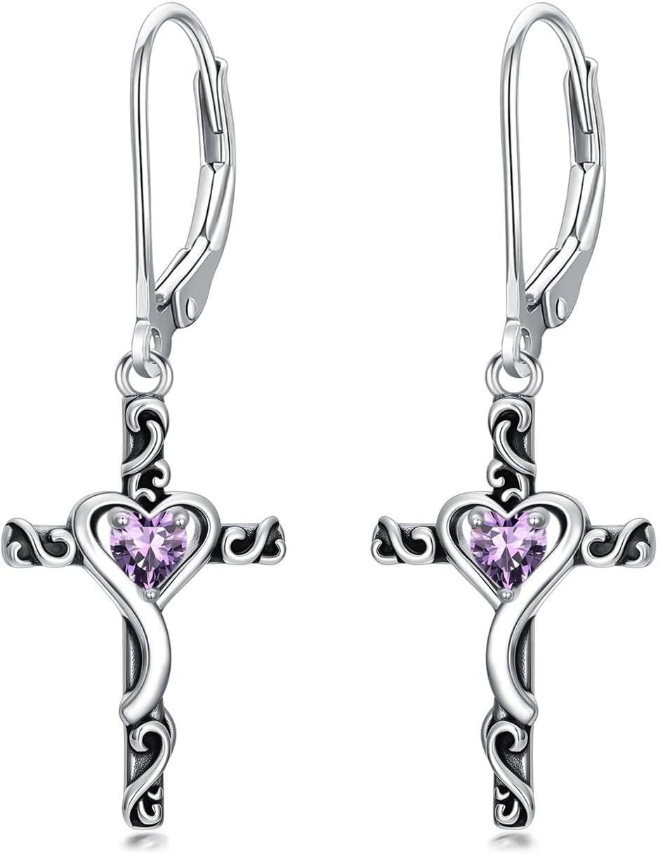 JKR Birthstone Cross Earrings 925 Sterling Silver Heart Cross Dangle Drop Earrings Fine Jewelry Birthday Gifts for Women Her Girlfriend