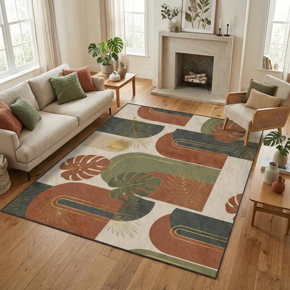 Area Rugs Washable Rug, Midcentury Boho Monstera Stain Resistant Non Slip Backing Terracotta Arches Carpet for Living Room Bedroom Dining Room-2' x 3'
