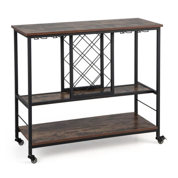 Wine Bar Cabinet - 3-Tier Rolling Bar Cart with 8 Bottle Rack & 12 Glass Holder - Industrial Style Home Bar Storage - Rustic Brown & Black