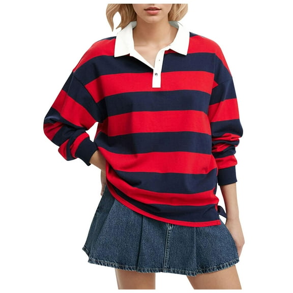 felwors Women's Oversized Striped Polo Sweatshirt Long Sleeve Rugby Collared Pullover Tops Loose Fit Shirt Red, L