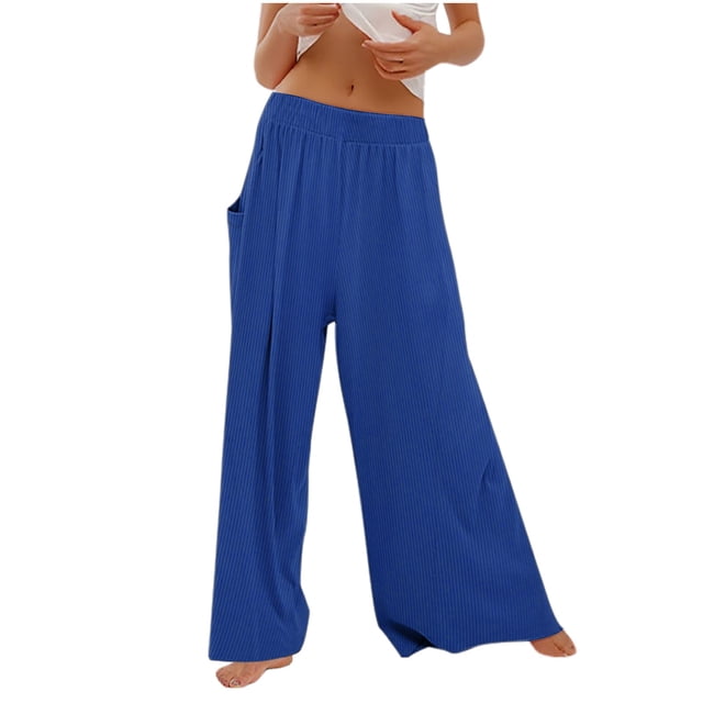 Yuyuzo Ribbed Knit Pants for Women Mid Rise Wide Leg Solid Color Lightweight Sweatpants with Pockets