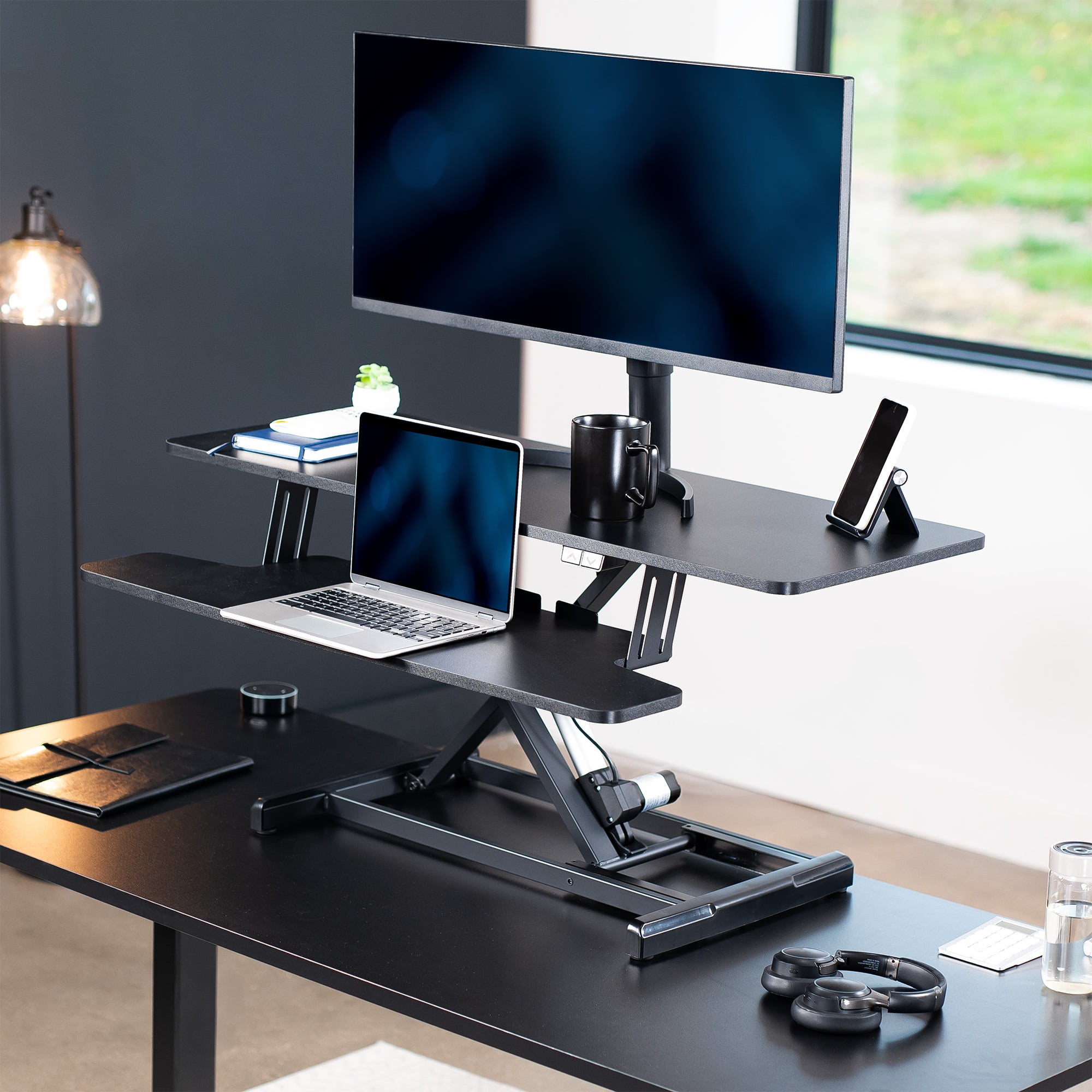 VIVO Black Electric 42" Standing Desk Monitor Riser, Dual Arm Sit Stand Tabletop