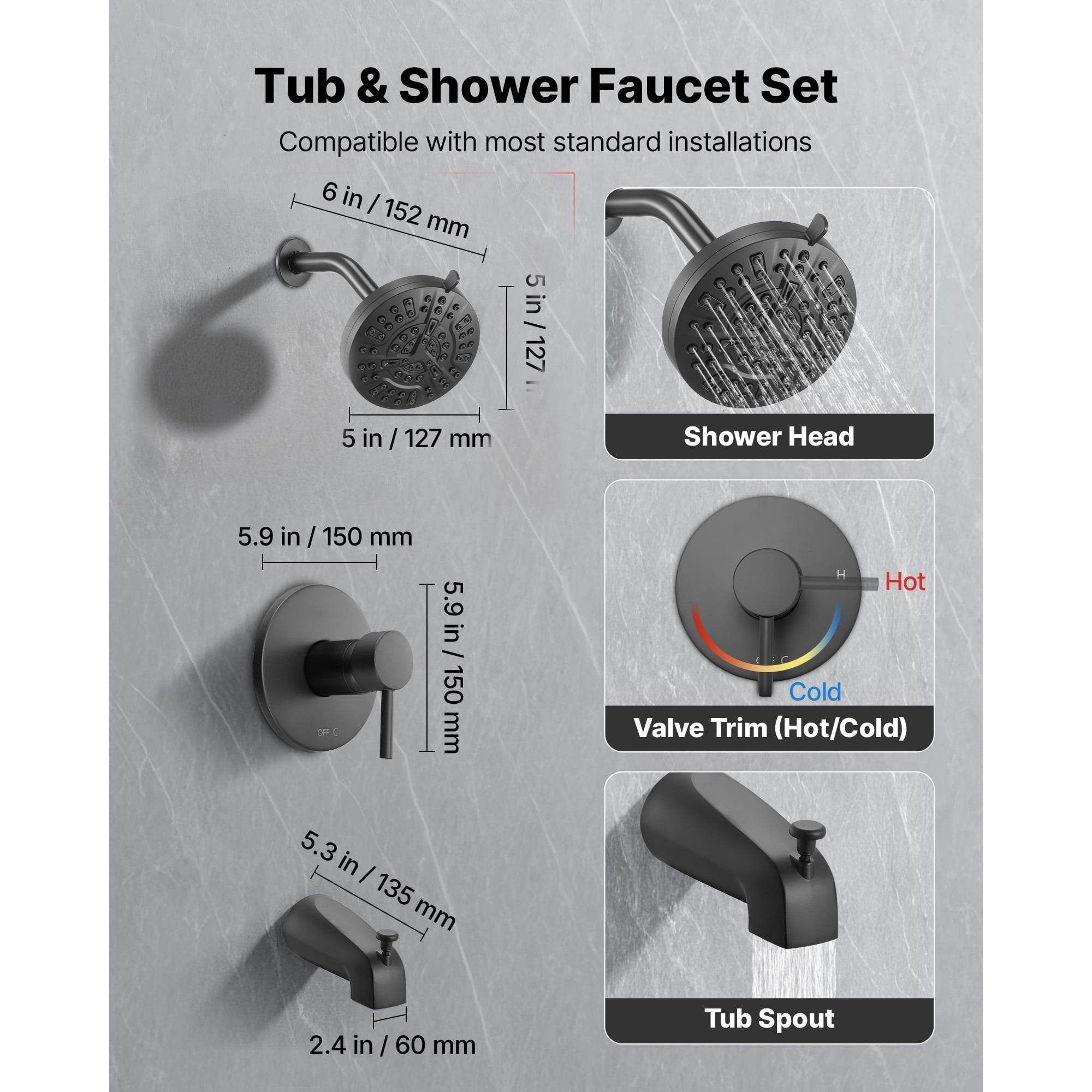 KFFKFF Tub and Shower Faucet Set with 5-Inch Rainfall Shower Head, Bathtub Spout, 8-Spray Adjustable Settings, Single-Handle Trim Kit, and Brass Pressure Balance Valve, Matte Black Finish