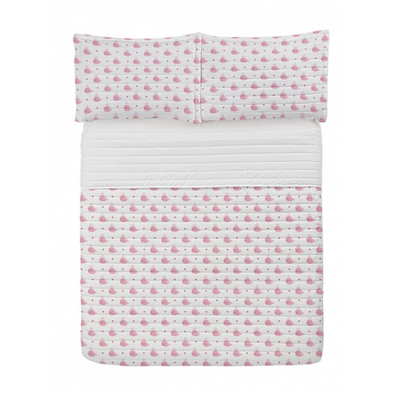 Cartoon Microfiber Bedspread Set, Abstract Cartoon Hearts and Whales Love Nature Themed Ocean Inhabitants Pattern, Soft Bedding Set with Pillow Shams & Comforter, 3 Sizes, White and Pink, by Ambesonne