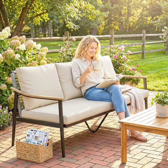 Outsunny 3 Seater Outdoor Patio Sofa, Outdoor Couch with Wood-Effect Armrests, Wicker Backrest and Cushions for Porch, Garden, Backyard, Khaki
