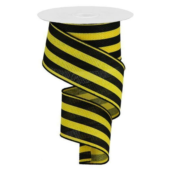 Vertical Stripe Wired Edge Ribbon - 10 Yards Sun Yellow, Black, 2.5"