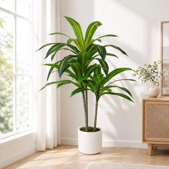 Dracaena Artificial Plant, Xramfy 3.7ft Artificial Trees Indoor with White Pot, Large Tropical Indoor Fake Tree with Lifelike Leaves, Real Touch Plant for Home Office Living Room Decor Outdoor