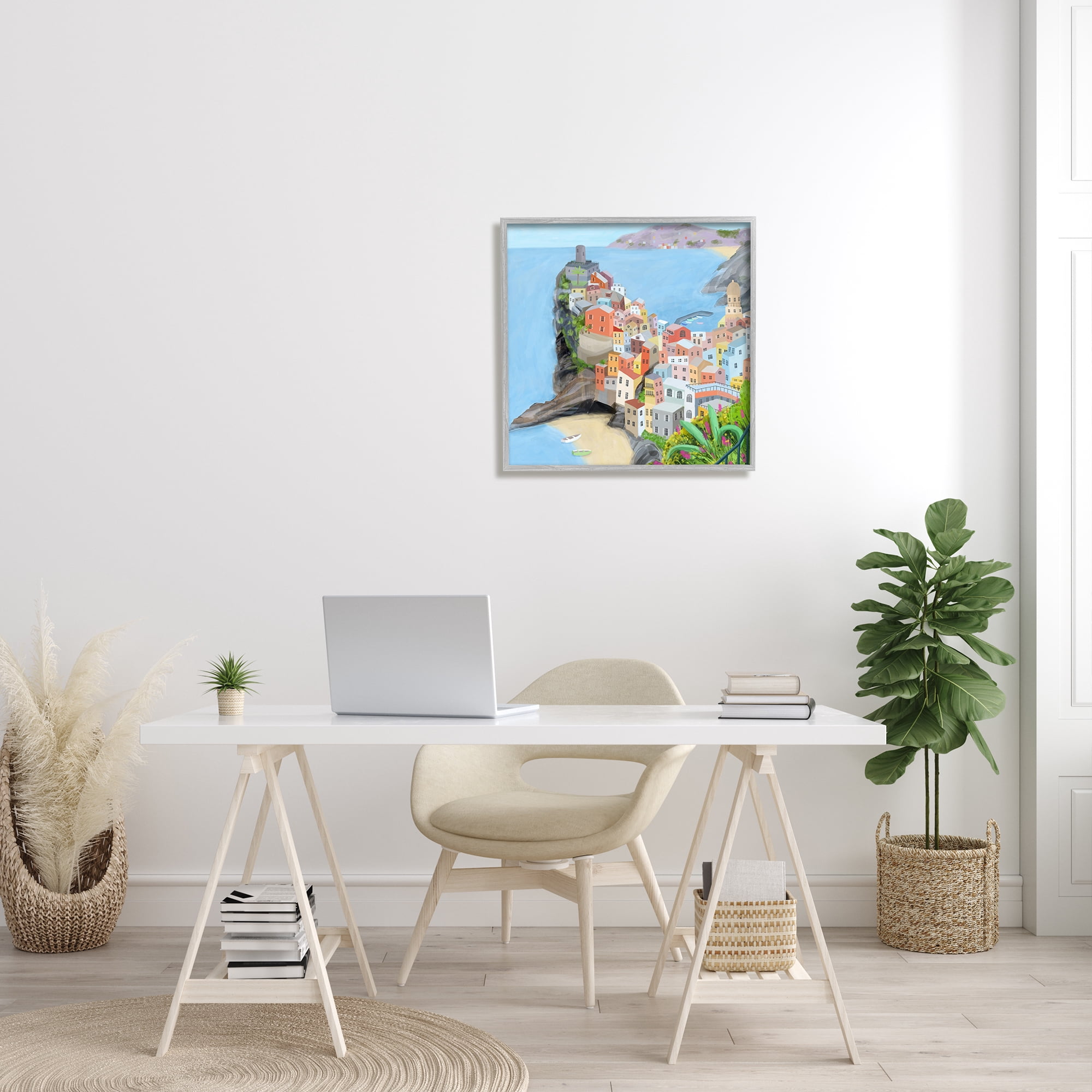 Stupell Industries Cinque Terre Coastal City Architecture Italian Landmark Travel & Places Painting Gray Framed Art Print Wall Art, 24 x 24