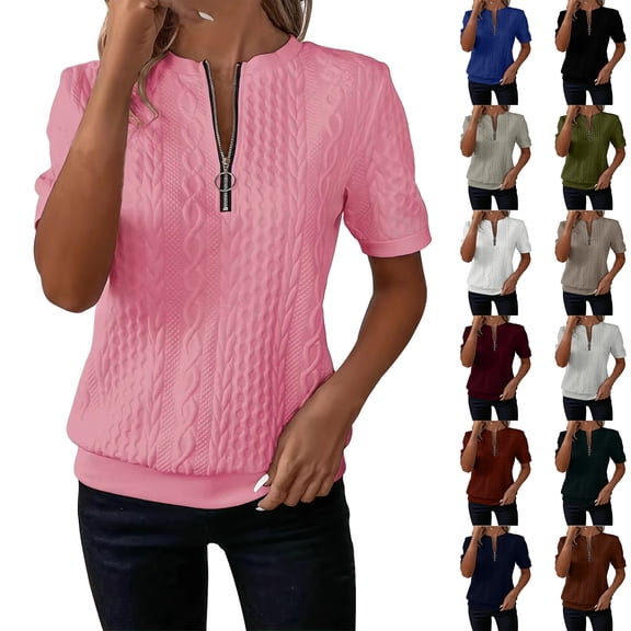 Hrsba Crewneck Sweatshirts for Women Quarter Zip Crew Neck Short Sleeve Soft Oversized Daily Casual Pullover Sweatshirt