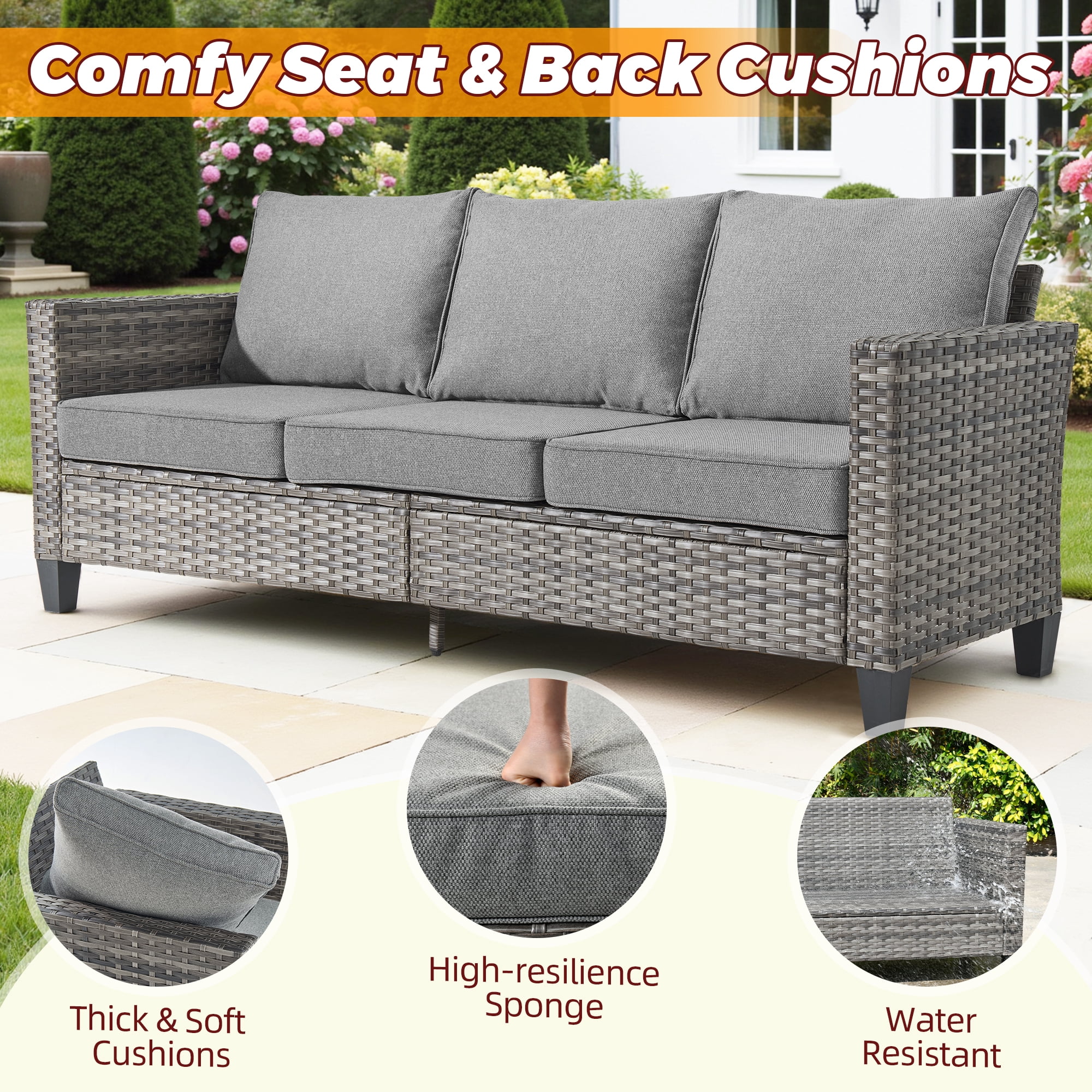 XIZZI Outdoor Patio Furniture Sets with Solar Coffee Table, All-Weather Wicker Rattan Outdoor Furniture Conversation Set for Porch, Patio, Backyard-Dark Gray
