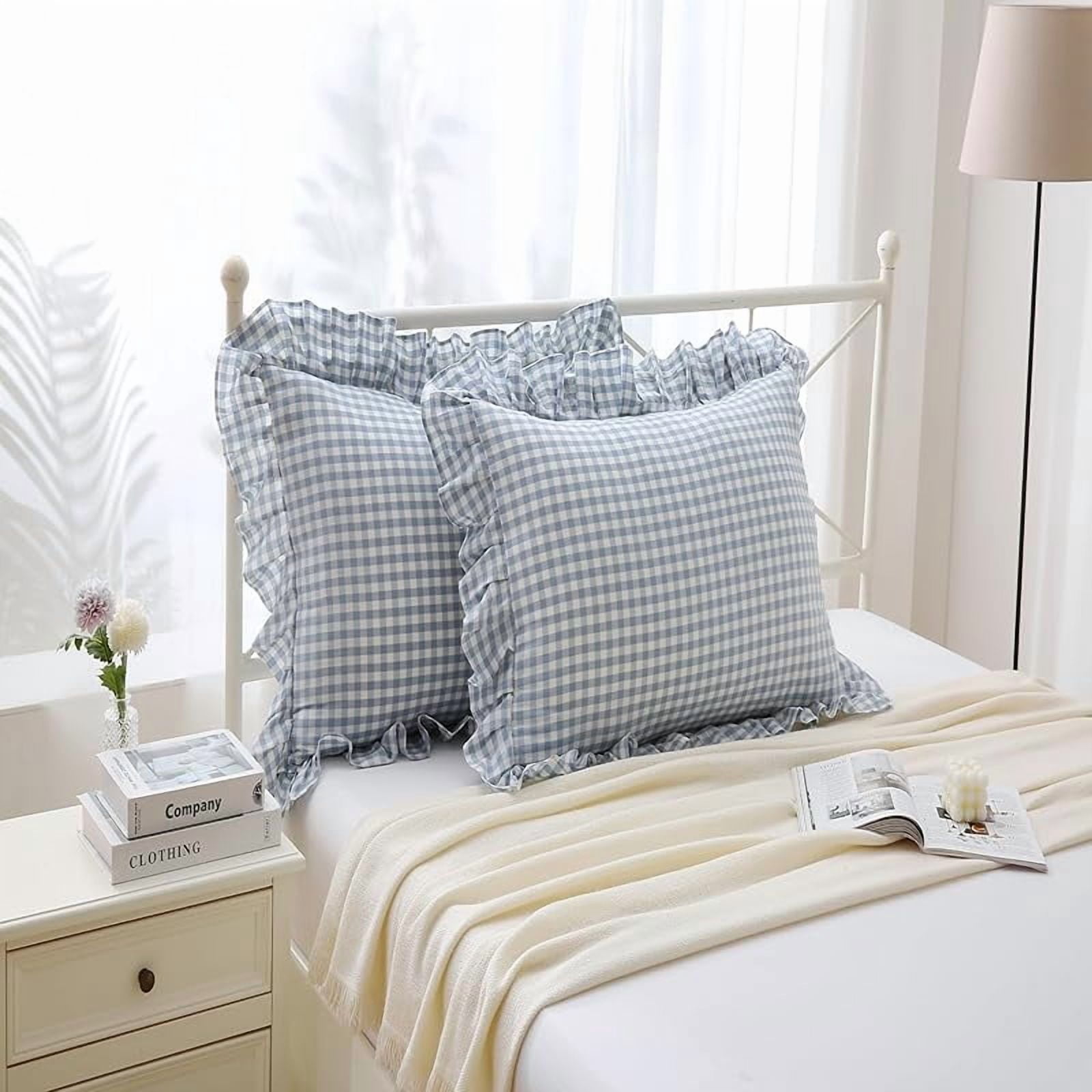 2 Pack Blue White Plaid Euro Pillow Shams with Ruffles Checkered Pillowcases Gingham Pillow Cases Washed Cotton Farmhouse Cottage Pillow Covers for Bed/Sofa(26X26inches,Blue/White Plaid)
