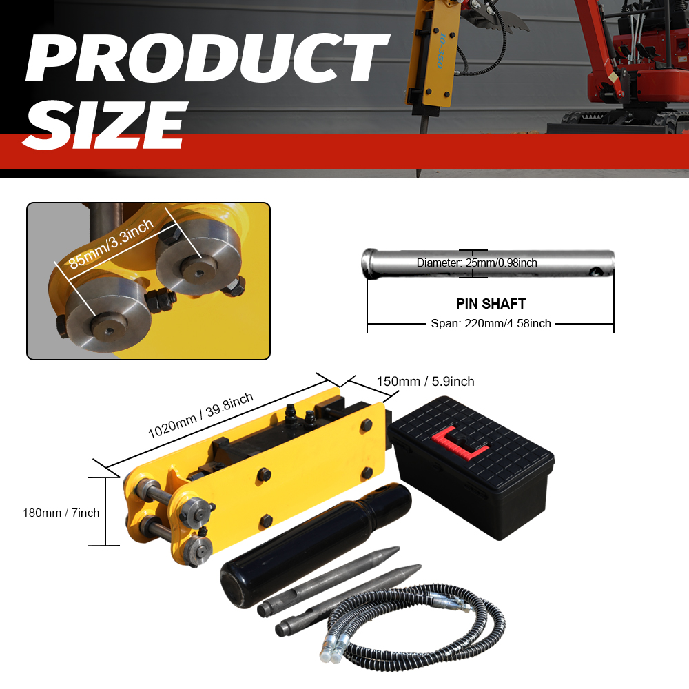 HUAYEE Mini Excavator Hydraulic Breaker with Pins, Hydraulic Hoses & Chisels Heavy-Duty Attachment for Digger. USA Stock, 90MM/3.54in Span, 25MM/0.98in Hole Diameter, 90MM/3.54in Central Wheelbase