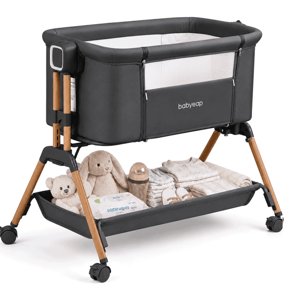 Babyeap 3-in-1 Baby Bassinet, Adjustable Bedside Sleeper with Gentle Rocking Motion, Storage Basket and Wheels for Infants, Gray