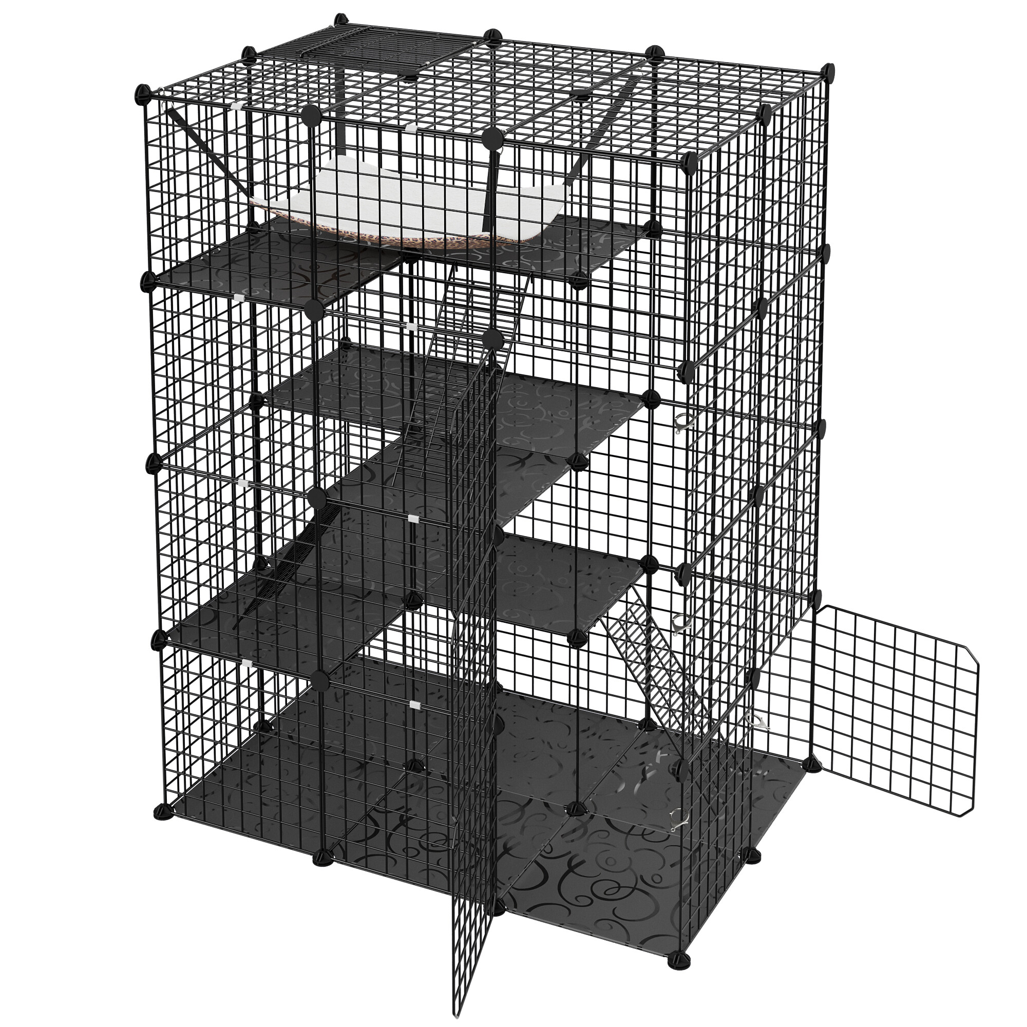 ZENSTYLE Pet Cage 4-Tier Pet Enclosure with Hammock Indoor Outdoor Cat Crate Black