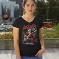 thumbnail image 4 of Sleigher World Tour Women's V-Neck T-shirt Santa Claus Skeleton Rock and Roll Legend Guitar Band Christmas Tree Xmas Tee, 4 of 7