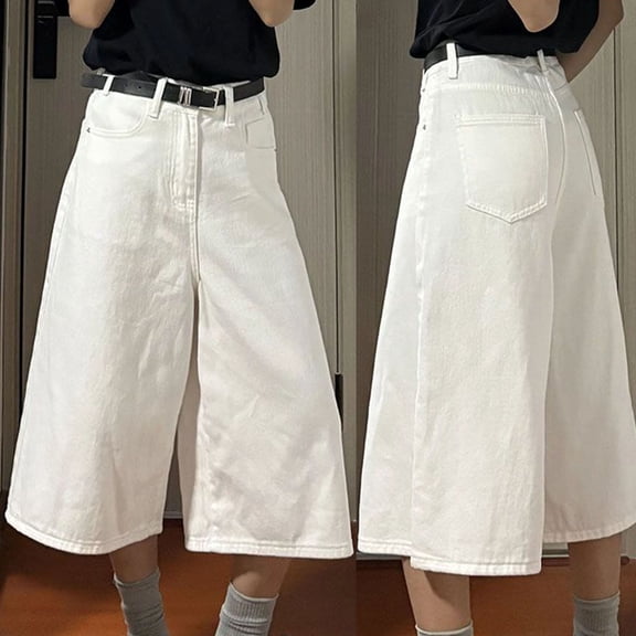 Jean Pants For Womens Liweisiy Wide Leg Palazzo Solid Color Capri Loose Pants Trendy Casual Denim Trousers White M