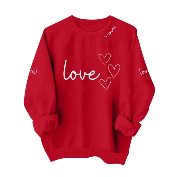 KIHOUT Women's Valentine's Day Red Love Letter Print Sweatshirt - Long Sleeve Crew Neck with Heart Details for Classic Romantic Party & Casual Outfits (XS-XL)