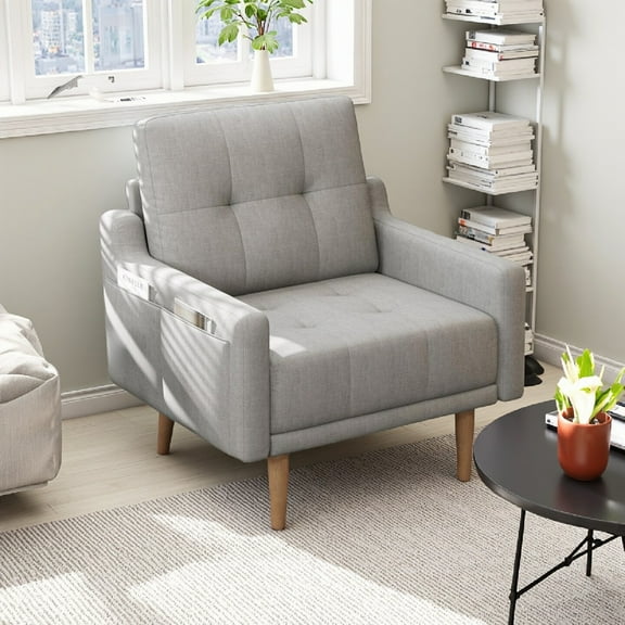 EPOWP Modern Upholstered Arm Chair, Mid Century Accent Club Chair with Side Pocket for Living Room, Bedroom, Office, Reading, Office, Gray