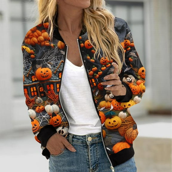 WXLWZYWL Womens Halloween Bomber Jacket Funny Spooky Ladies Coat Ghost Floral Graphic Cardigan Zip Up Long Sleeve Dressy Tops Moto Biker Windbreaker