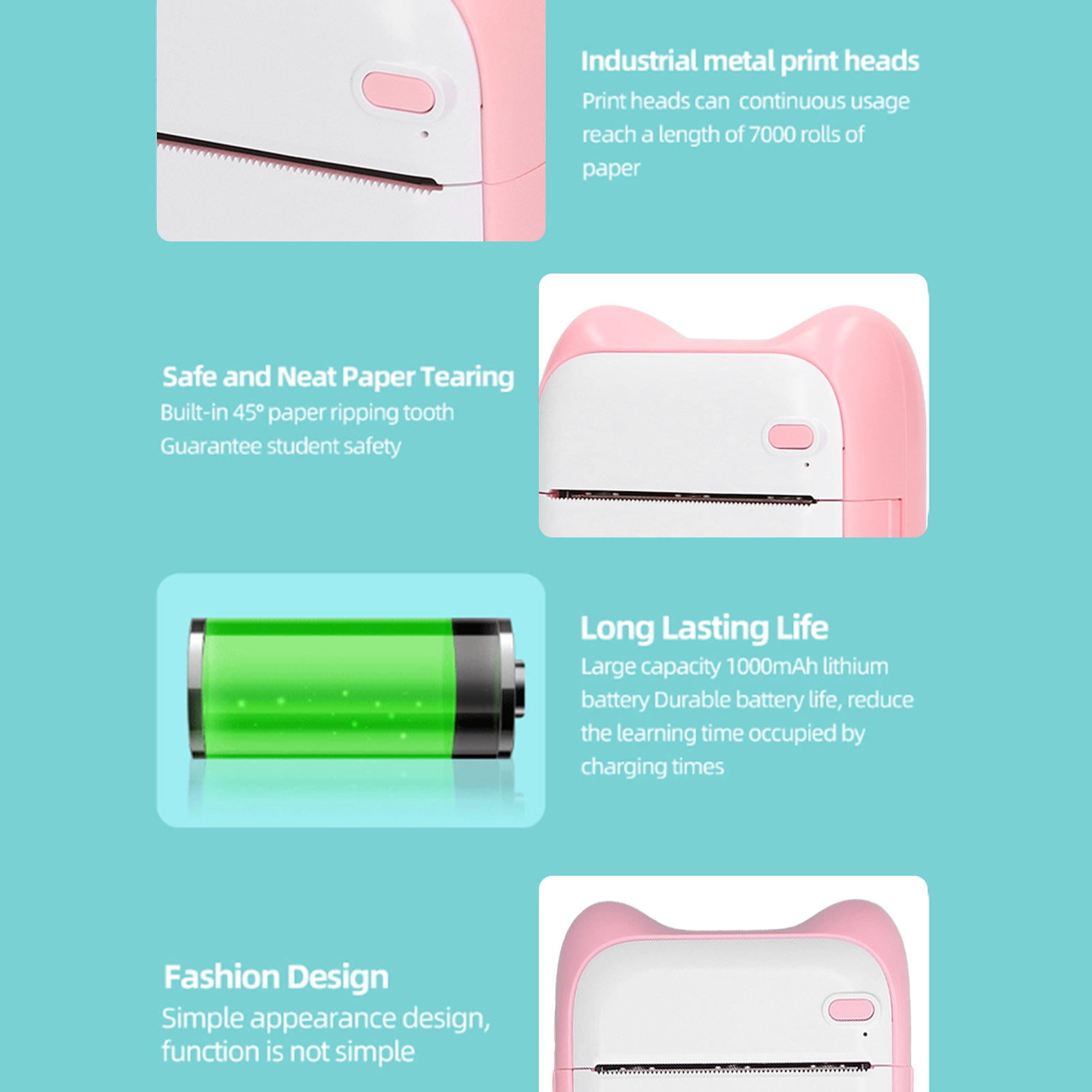 Suodoka Portable Mini Thermal Printer – Bluetooth Direct, 203 DPI, 1000 mAh Battery, 5‑Sheet Heat‑Sensitive Paper, Pink