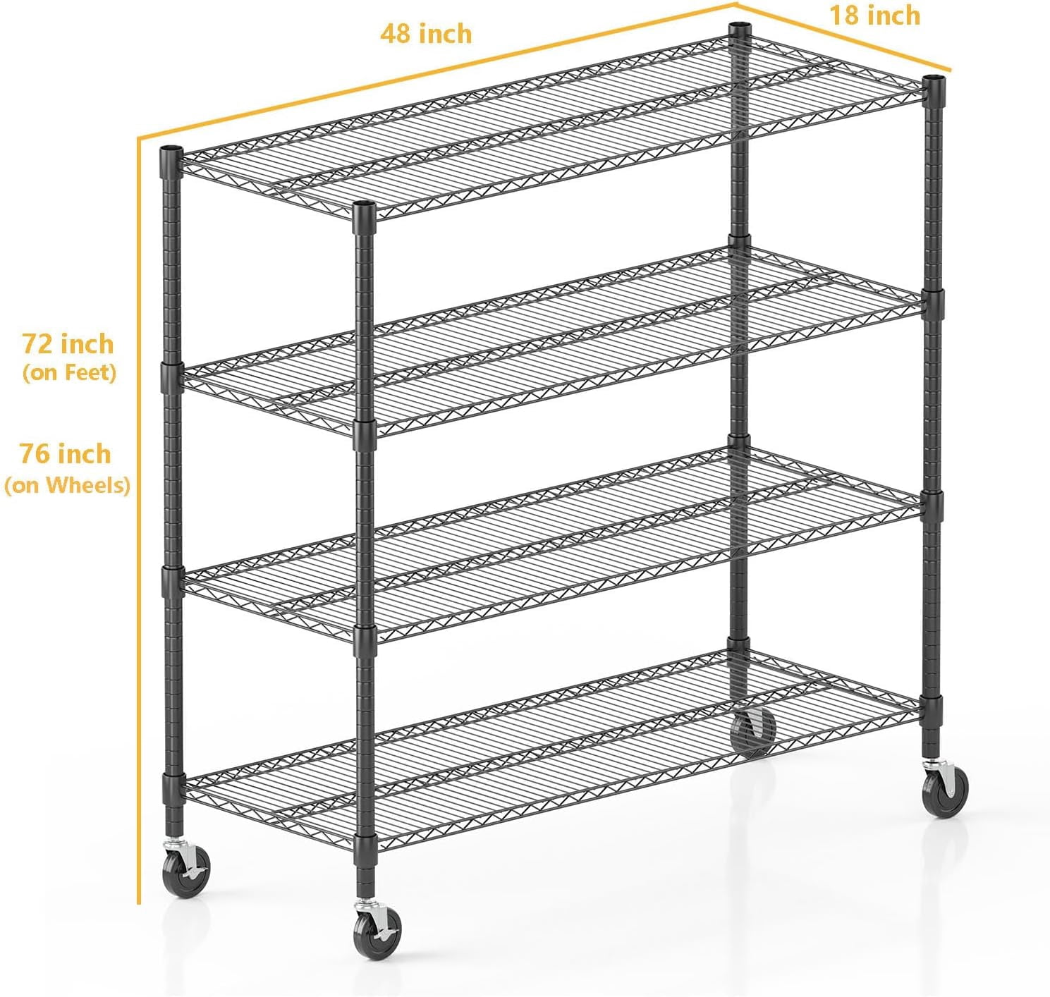 Sailvan 48"W x 18"D x 72"H Heavy Duty Wire Shelving Unit, 2600LBS Capacity 4-Tier Metal Storage Shelves with Wheels, Adjustable Garage Rack,Black