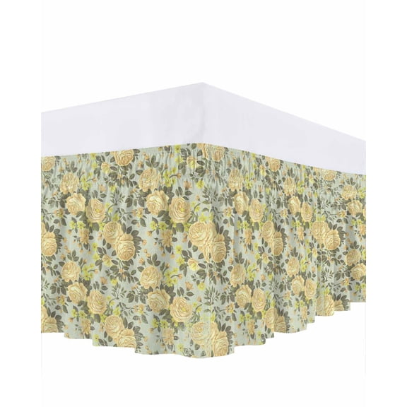 Yellow Flowers Bed Skirt Queen Size 16 Inch Drop, Retro Camellia Floral Illustration Adjustable Elastic Dust Ruffles Bedskirt for Queen Bed Wrap Around Pleated Mattress Frame Cover