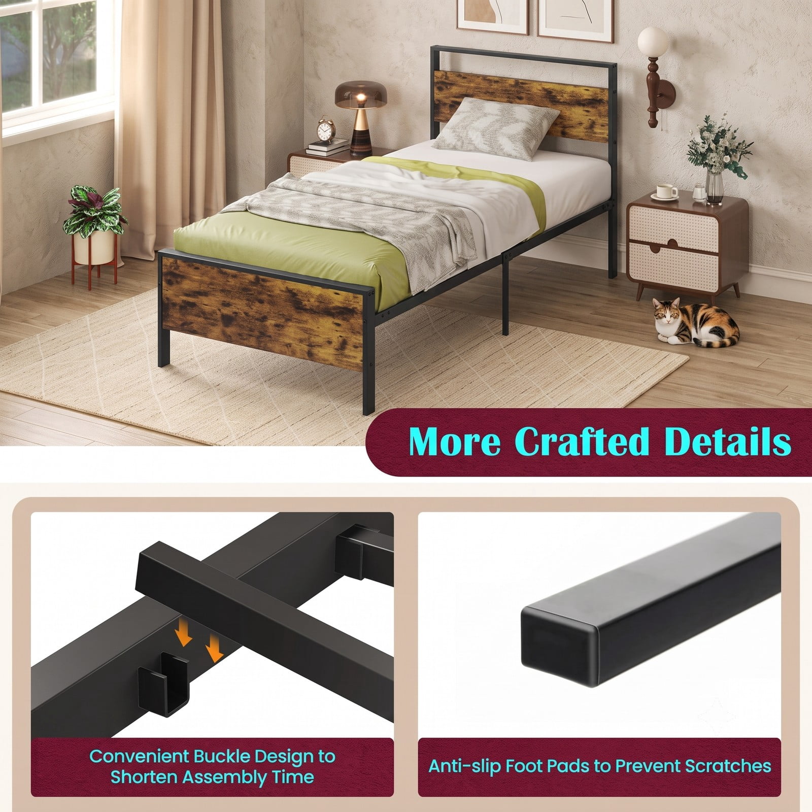 Furnibear Twin Metal Bed Frame Industrial Platform Bed with Wooden Headboard and Under Bed Storage Space for the Bedroom, Rustic Brown
