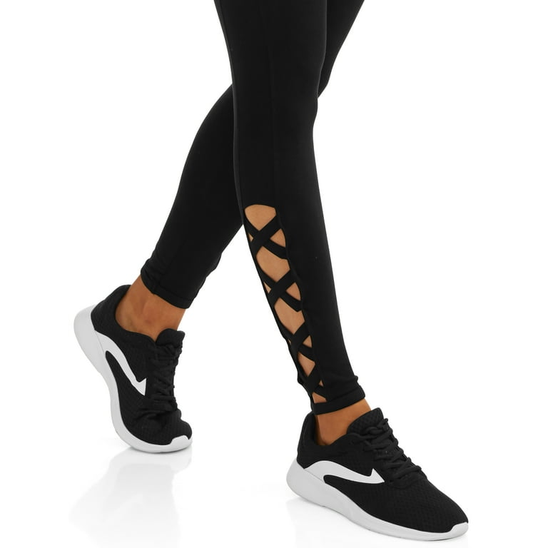 Womens Black Leggings With Lattice Detail 