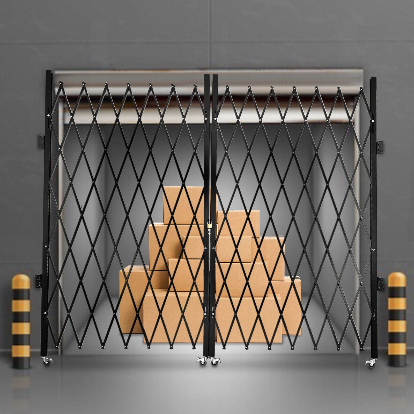 Expandable Door Gate 6-1/2'H x 12'W Scissor Gate Double Folding Security Gate Full Iron Frame (Ear Tabs And Padlock) Aluminum Mesh