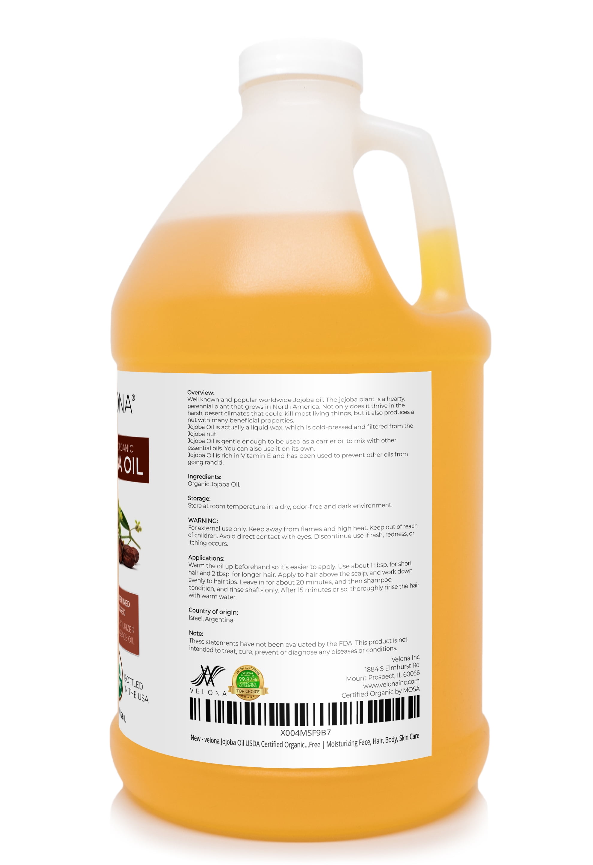 Velona Jojoba Oil USDA Certified Organic - 1 Gallon / 128 Fl Oz | 100% Pure and Natural | Golden, Unrefined, Cold Pressed, Hexane Free | Moisturizing Face, Hair, Body, Skin Care