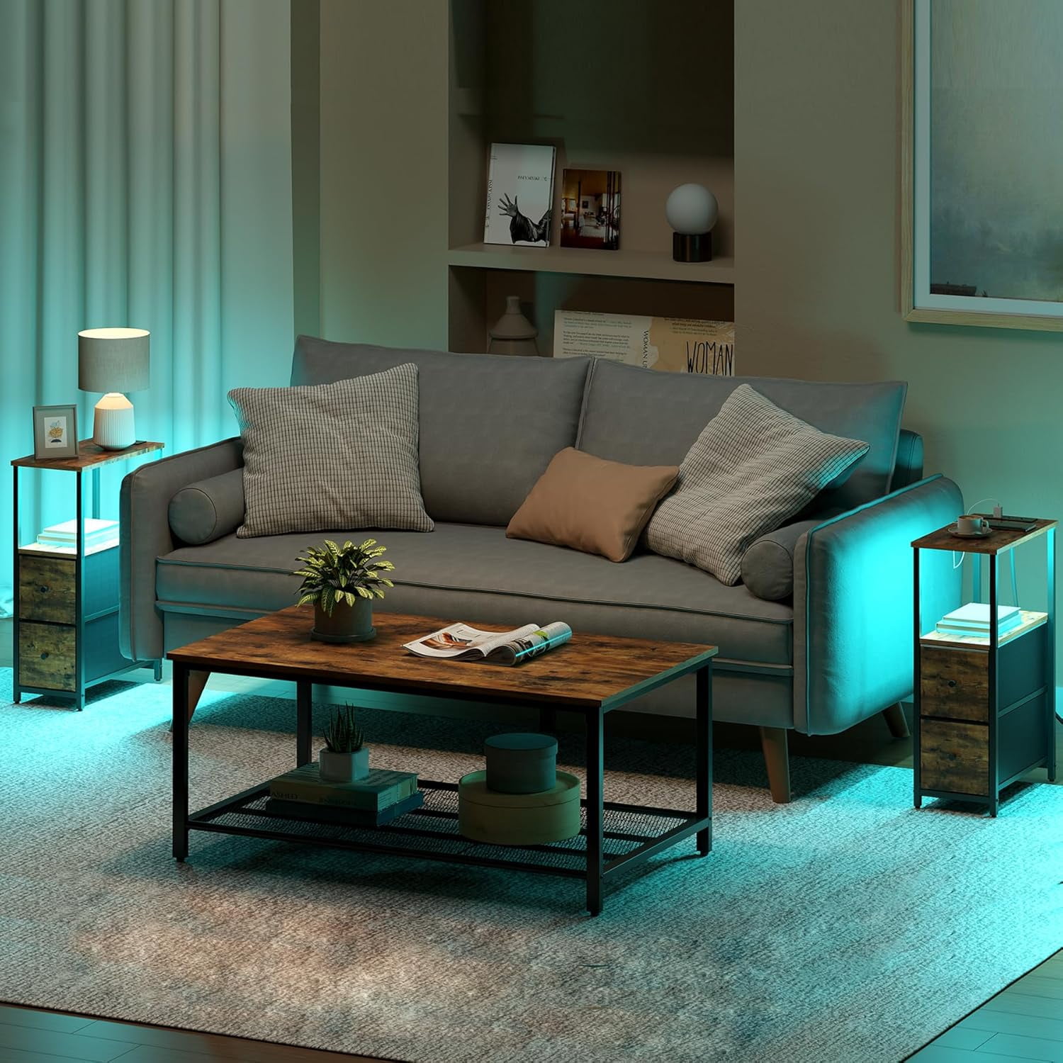 Small Narrow LED End Table with Charging Station, Side Table Outlets, Nightstand with 2 Cloth Drawers, Set of 2, Couch Table, for Living Room, Bedroom, Bedside, Brown TB01BB056