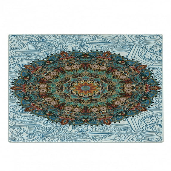 Mandala Cutting Board, Eastern Floral Round Ornament Influences on Marine Colored Backdrop, Decorative Tempered Glass Cutting and Serving Board, Small Size, Multicolor, by Ambesonne