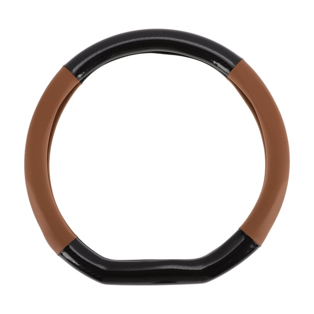 Cubierta de volante de cuero artificial PU Unique Bargains, protector de volante de coche de 14.96" en negro y marrón claro, patrón de fibra de carbono, 1 pieza