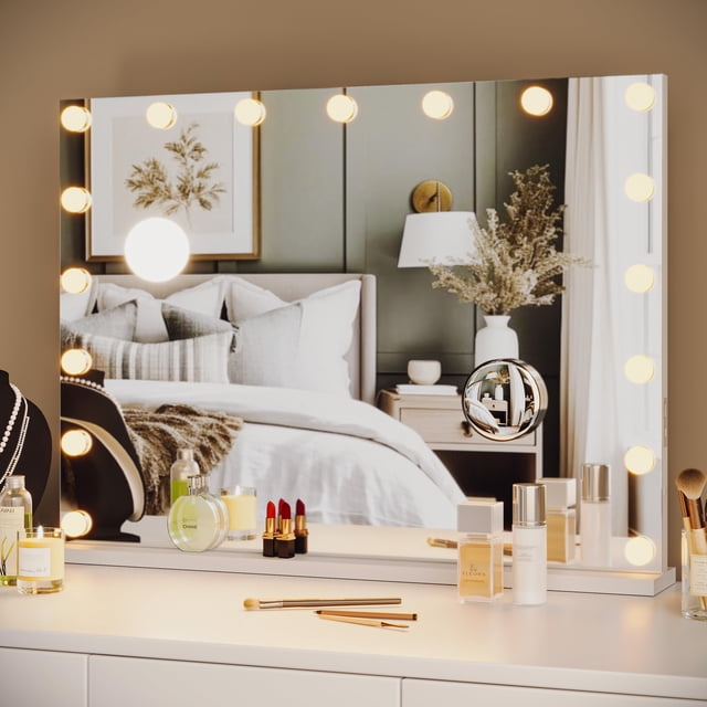 19 Inch Large Round Vanity Mirror with Lights, Round Led Makeup Mirror, Lighted Up Makeup Mirror with Lights for Bedroom Tabletop, Smart Touch Control 3 Colors Dimmable, 360°Rotation (White)