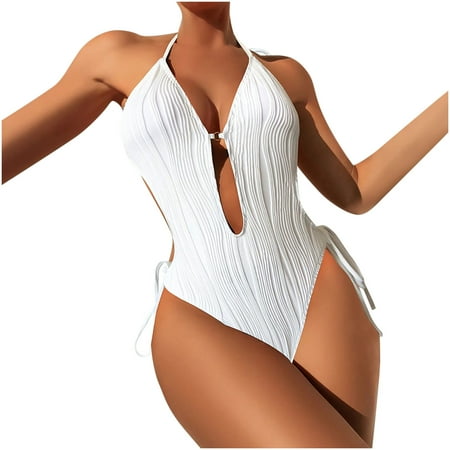 TrendVibe365 One Piece Swimsuit Women Sexy Cutout Monokini Halter High Waist Tummy Control Plunge V Neck Bodysuit Romper Modest Bathing Suit Solid Push up Slimming Fashion Beach Swimwears