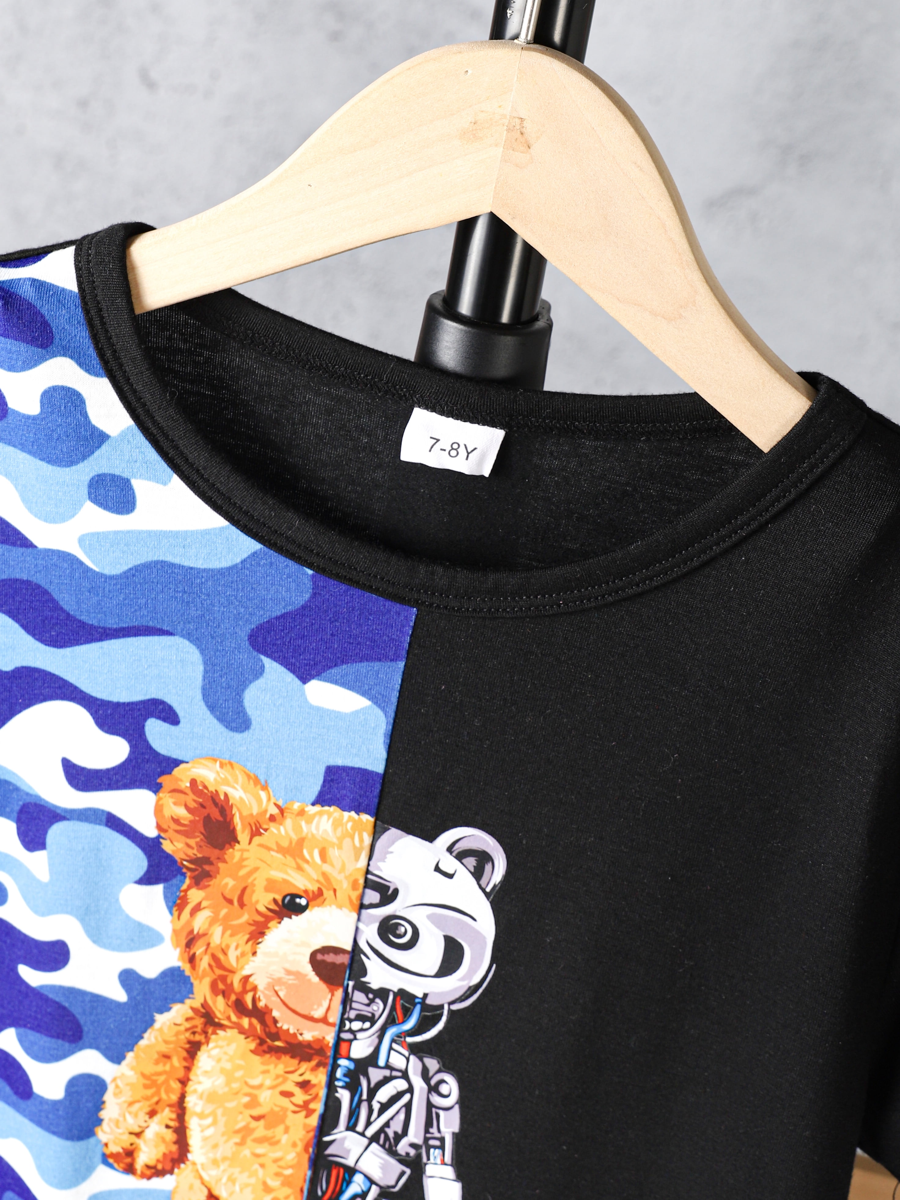 Mikrdoo Kids Boys Clothes Clearance Shorts Sets 7 Years Big Boys Bear Pattern Splice Camouflage Print T-shirt Tops 8 Years Boys Elastic Shorts 2Pcs Outfits For Summer Blue