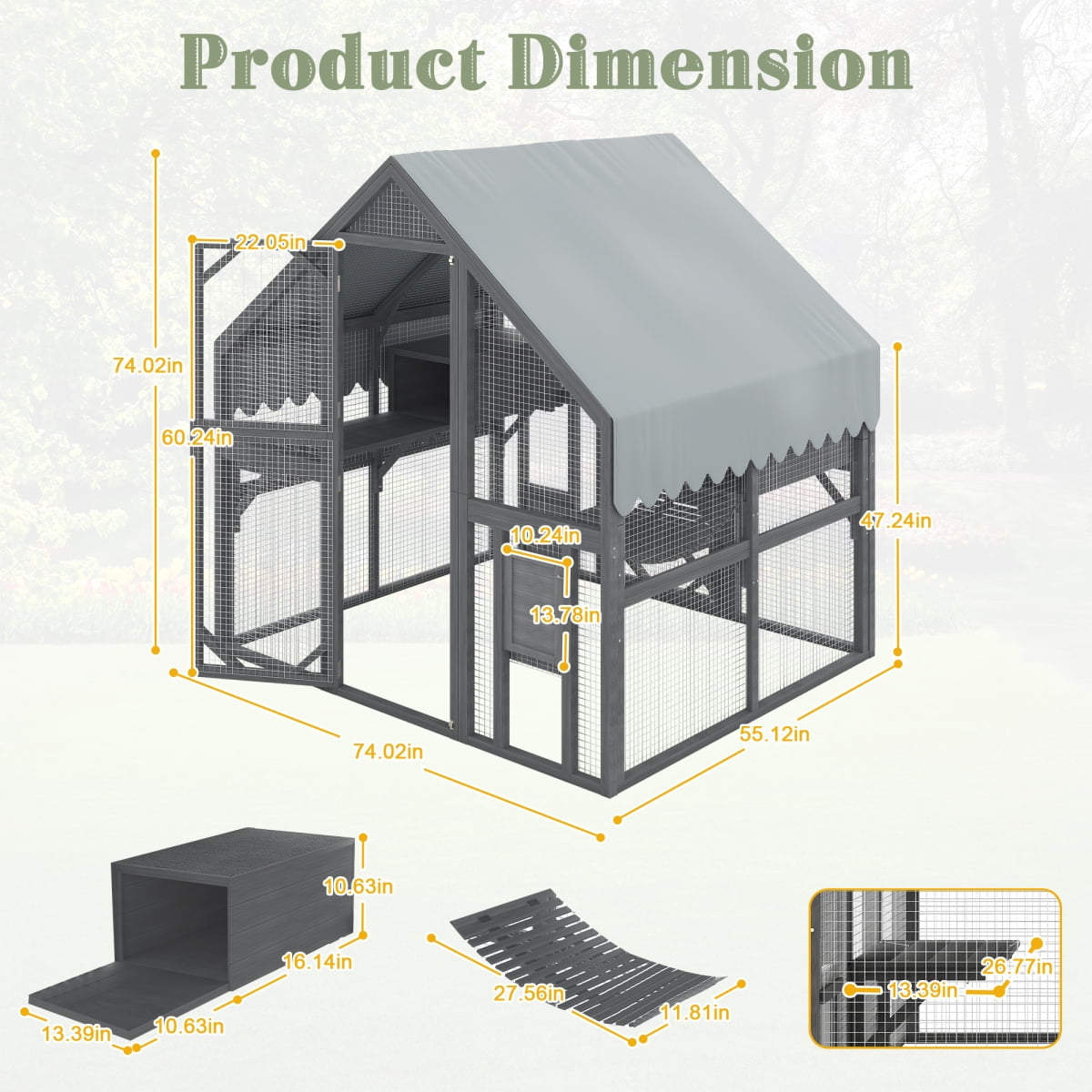 LuckyNote Large Outdoor Cat Enclosure for Multiple Cats, 2 Platforms & 2 Resting Boxes & 1 Bridge, Wooden Shelter, Gray