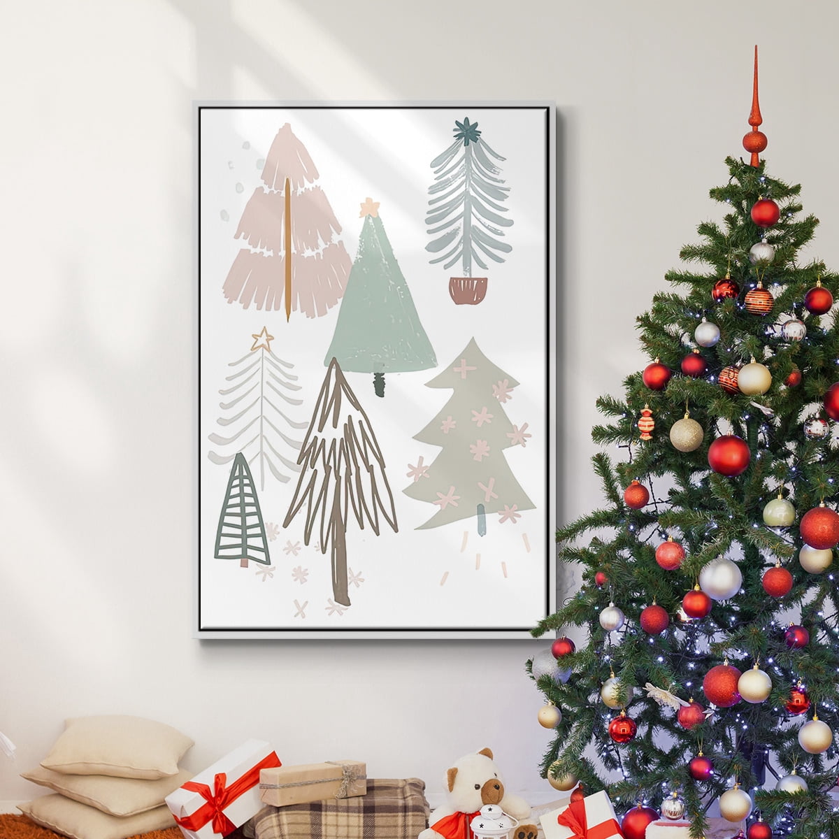 Christmas Tree Sketchbook Collection B - Framed Gallery Wrapped Holiday Canvas - 27 x 41 - White Frame