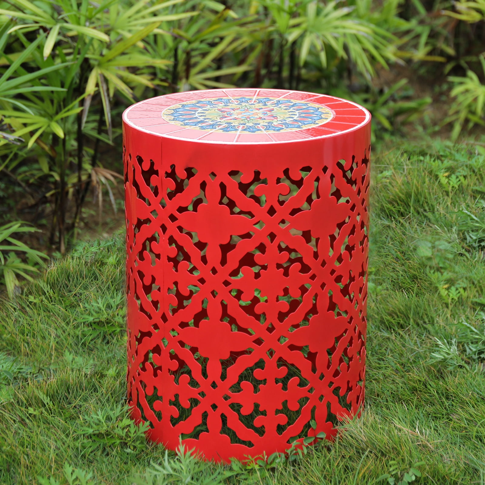 Patio Accent Table Outdoor Mosaic Side Table Metal End Table with Tile