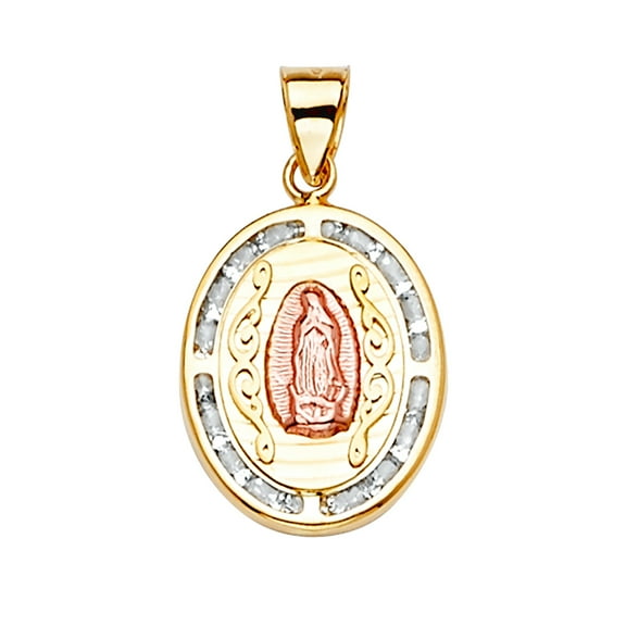 14k Yellow Gold White Gold and Rose Gold Cubic Zirconia Guadalupe Medal Pendant Necklace 14x25mm Pendant for Women